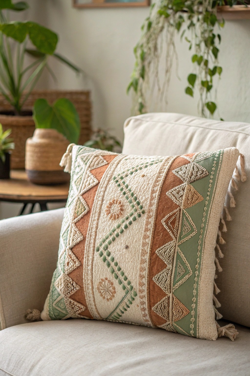 Layered textures, natural tones: the perfect boho throw pillow for your cozy, eclectic living room.