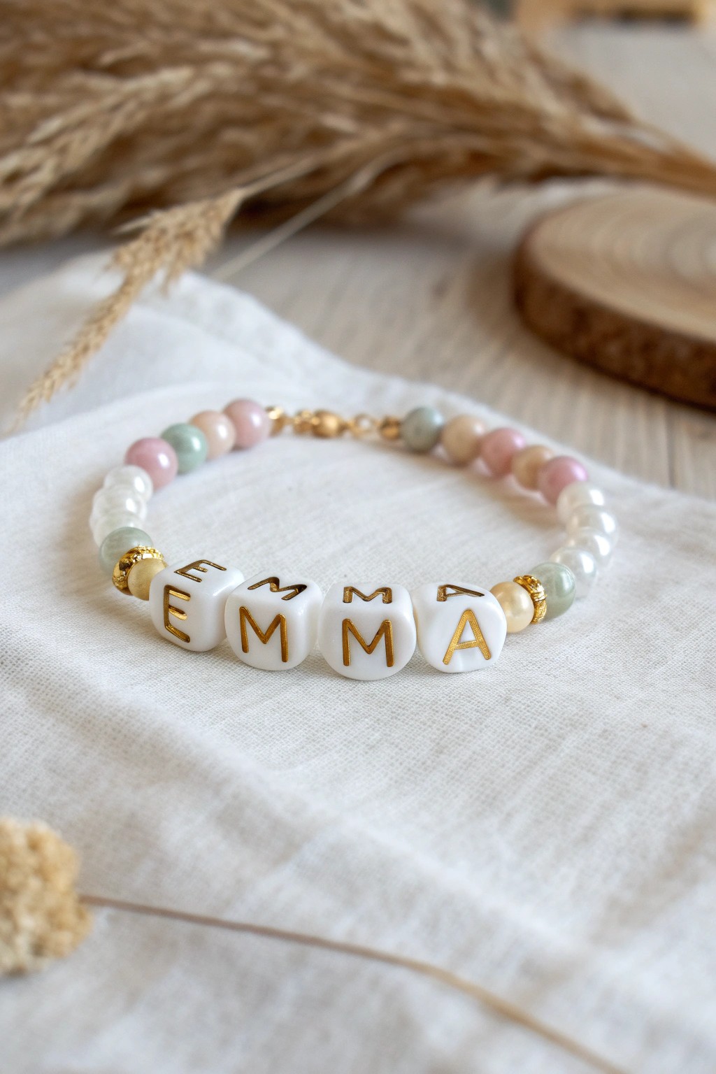 A personalized name bracelet with letter beads—minimalist, meaningful, and crafted with love.