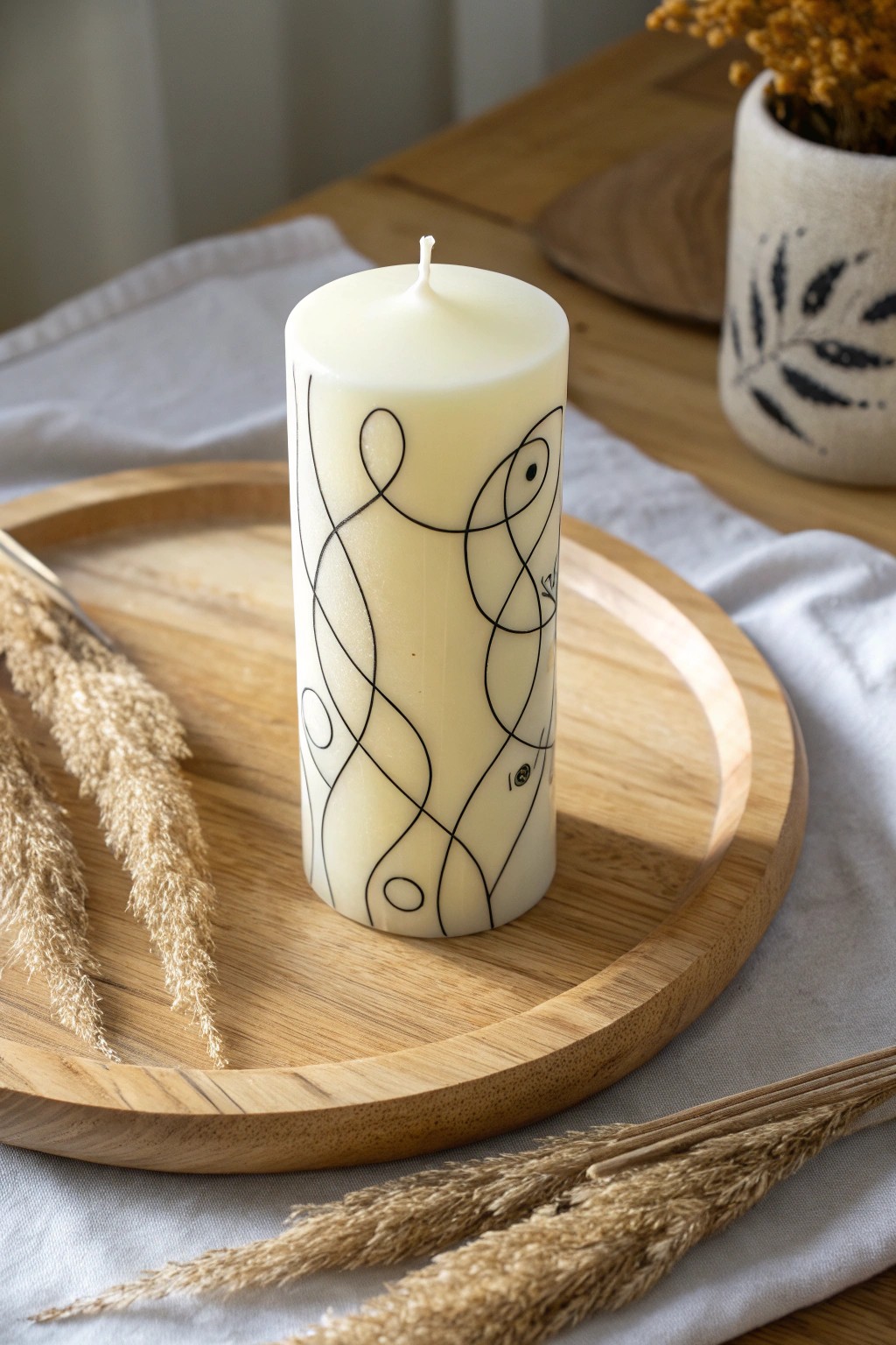 Minimalist line art transforms a simple candle into a Scandinavian-inspired statement piece.