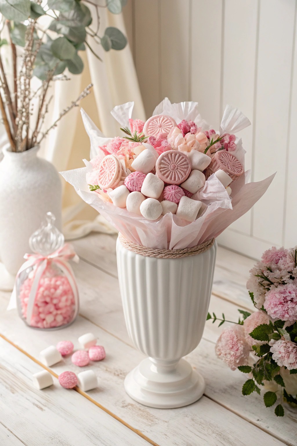 Chic monochrome candy bouquet—Scandi minimalism with a sweet, feminine twist.