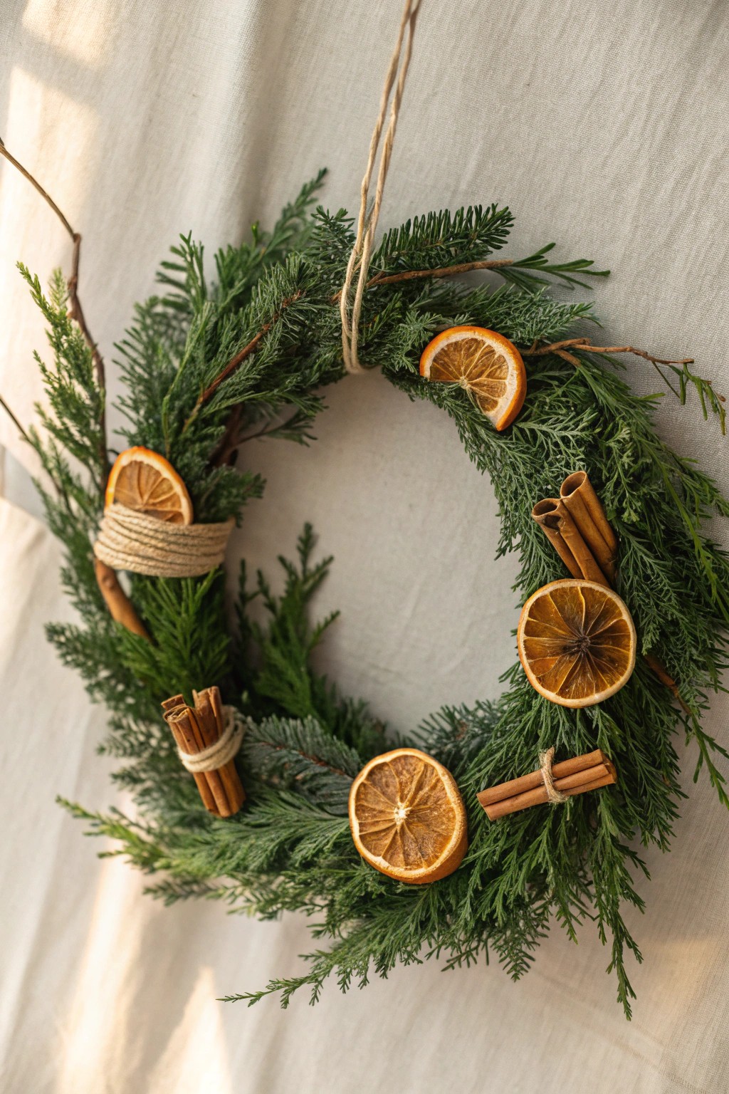 Embrace timeless charm with a handcrafted wreath of dried oranges and cinnamon sticks.