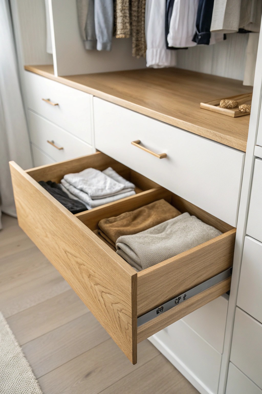 Effortless elegance: built-in drawers keep your closet beautifully organized.