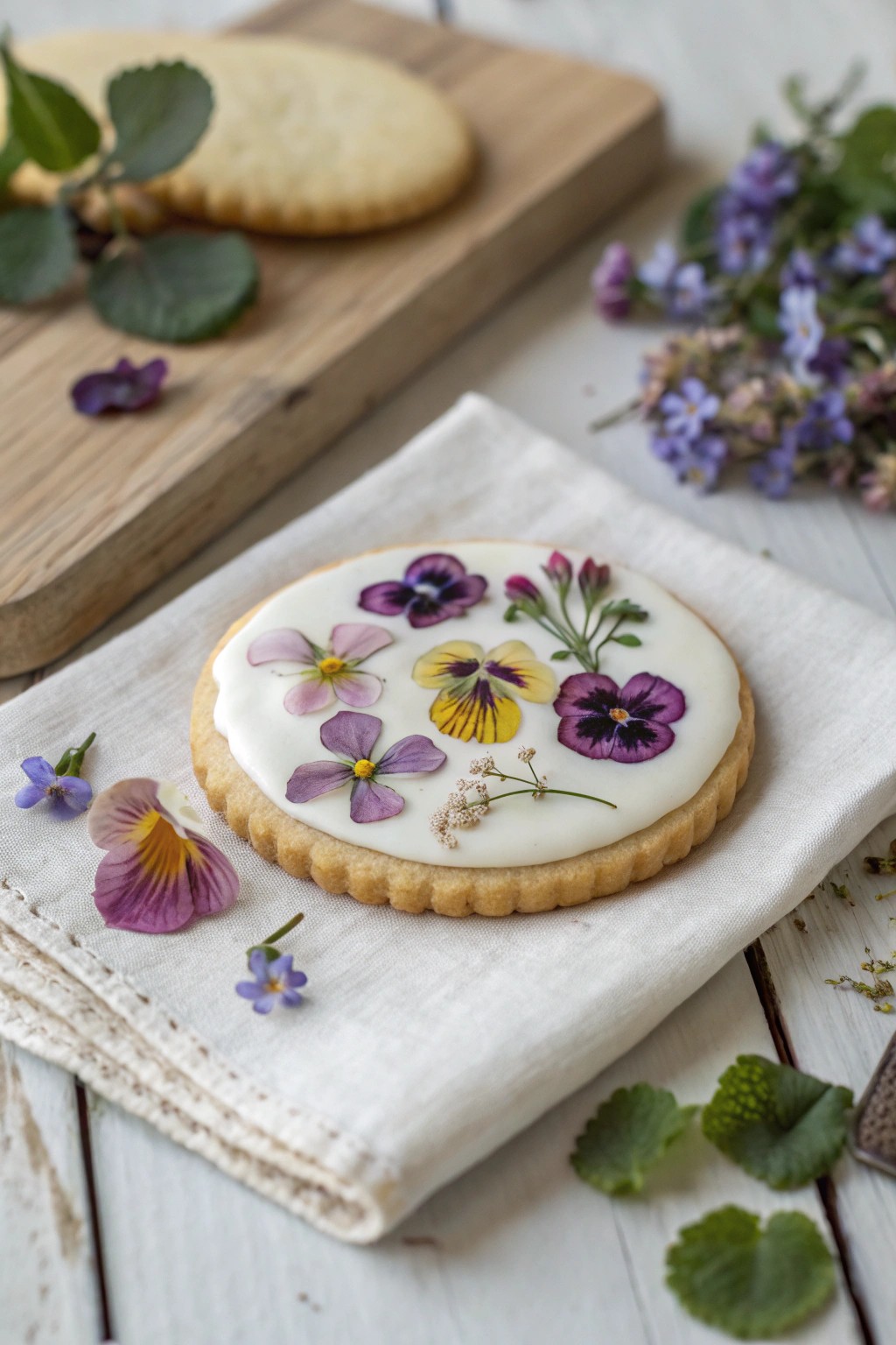 Nature-inspired cookie art: pressed edible flowers meet minimalist elegance.