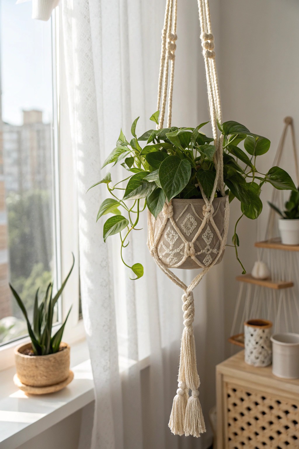 Handcrafted crochet plant hanger: a soft, boho twist for your favorite greenery.