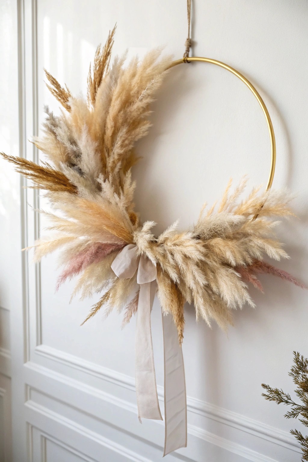 Soft, sculptural pampas grass turns a simple hoop into a stunning boho statement wreath.