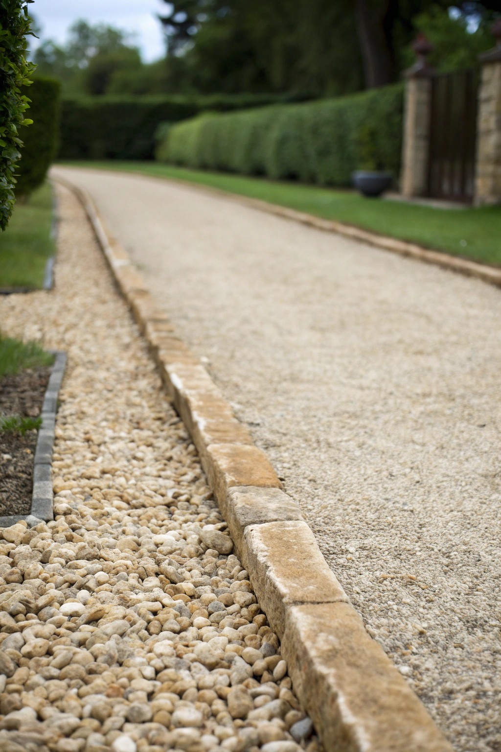 Elegant simplicity: Gravel driveway with a timeless stone border.