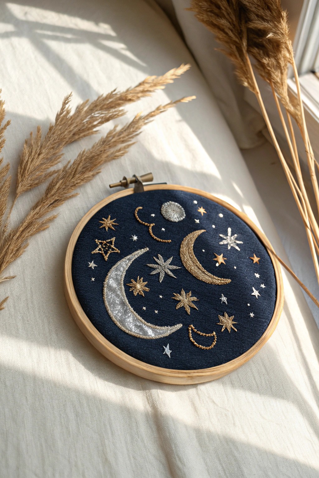 Bring a touch of starlit magic to your space with minimalist celestial embroidery.