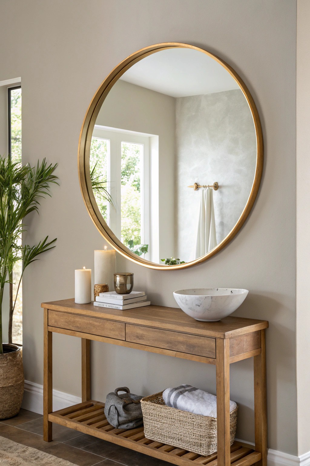 Elevate your entryway with a bold round mirror—simplicity meets timeless elegance.