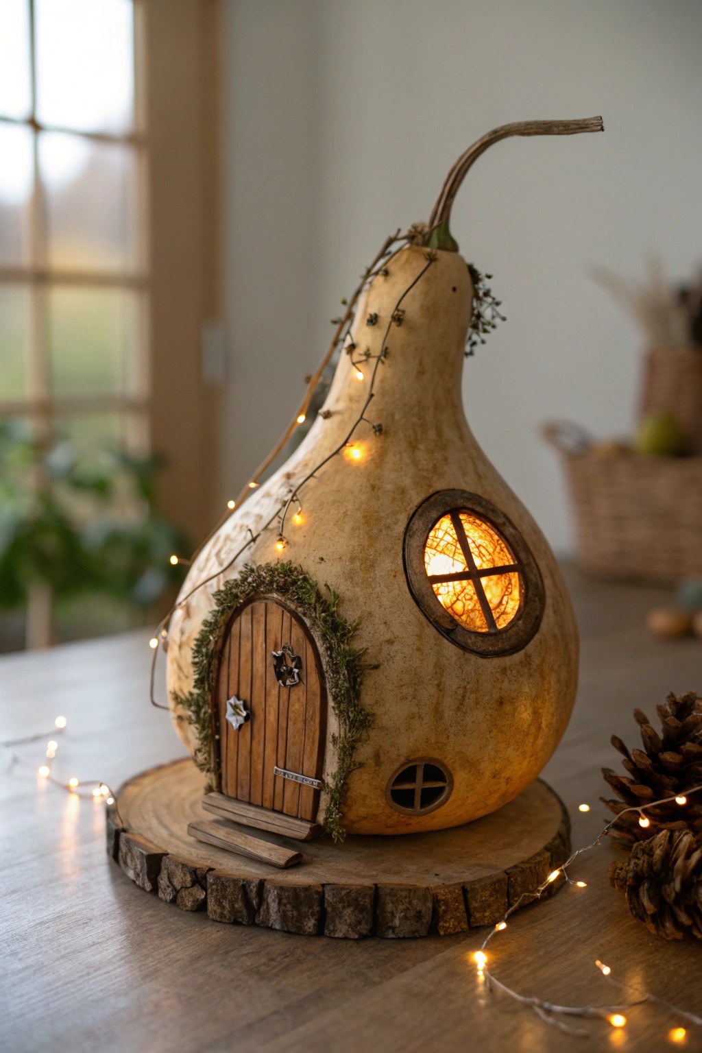Enchant your space with a handcrafted fairy house made from a birdhouse gourd.