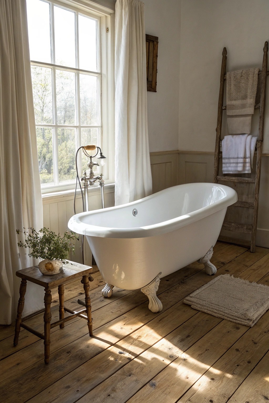 Timeless serenity: a classic clawfoot tub for the perfect farmhouse escape.