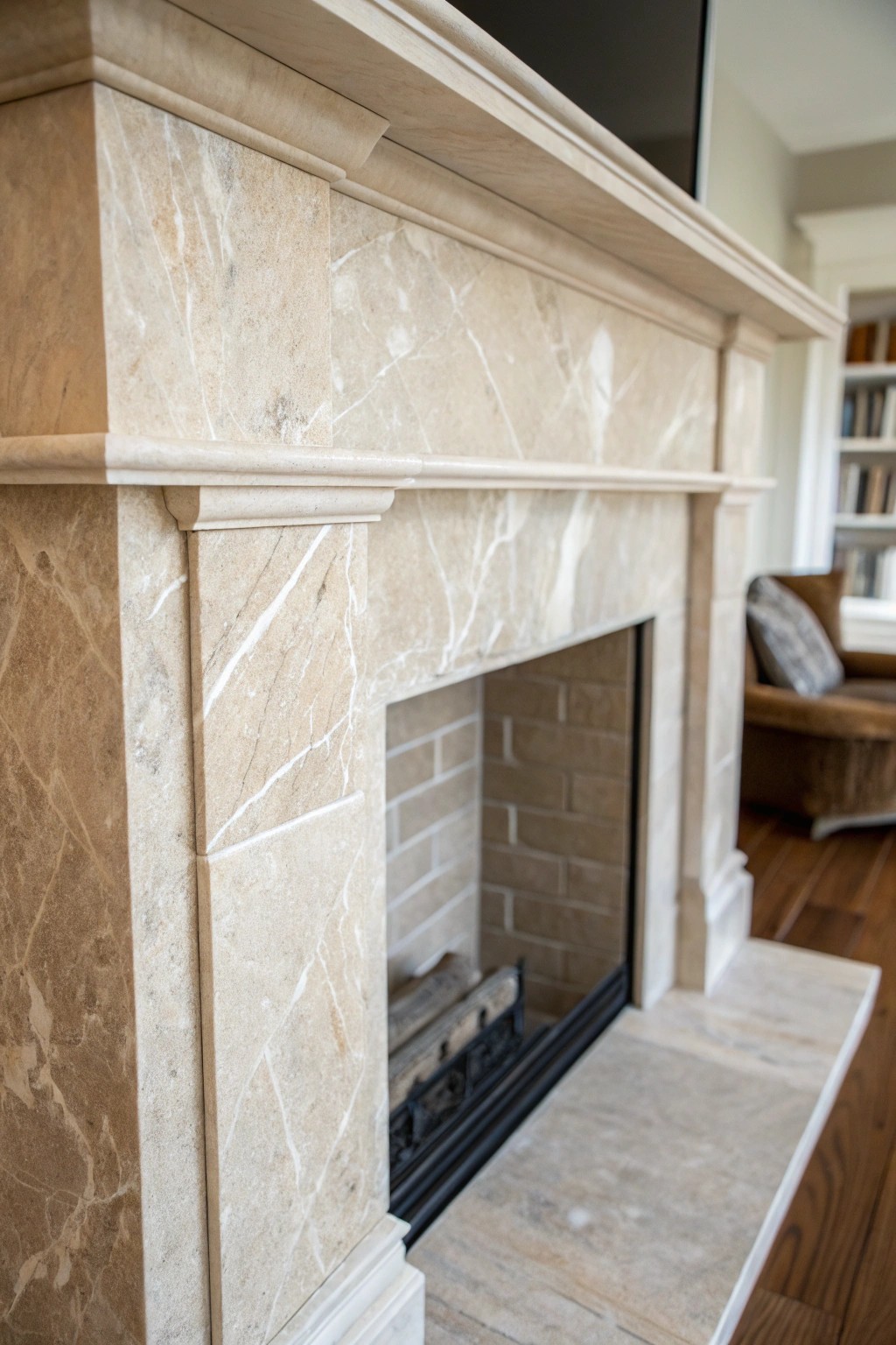 Timeless elegance: a single natural stone tile brings organic beauty to any fireplace.