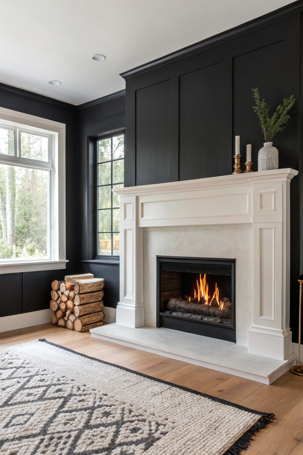 Bold meets beautiful: a matte black accent wall turns the fireplace into the star of any room.