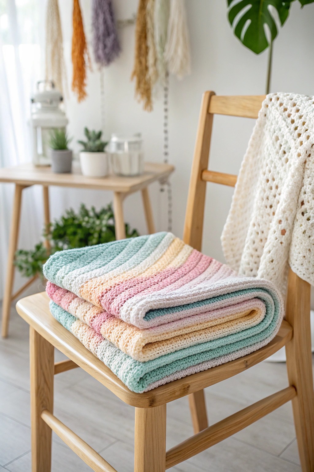 Handmade pastel rainbow C2C baby blanket – a touch of cozy artistry for any nursery.