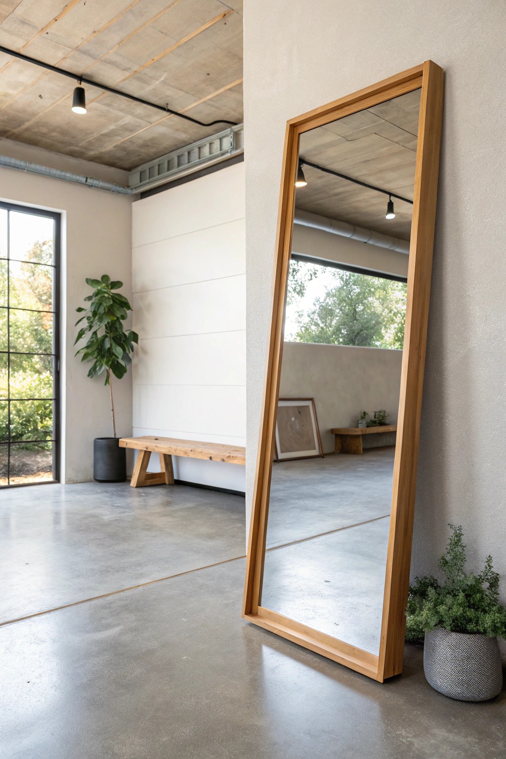 Transform your garage gym with a beautiful floor-to-ceiling mirror—amplify light, space, and style.