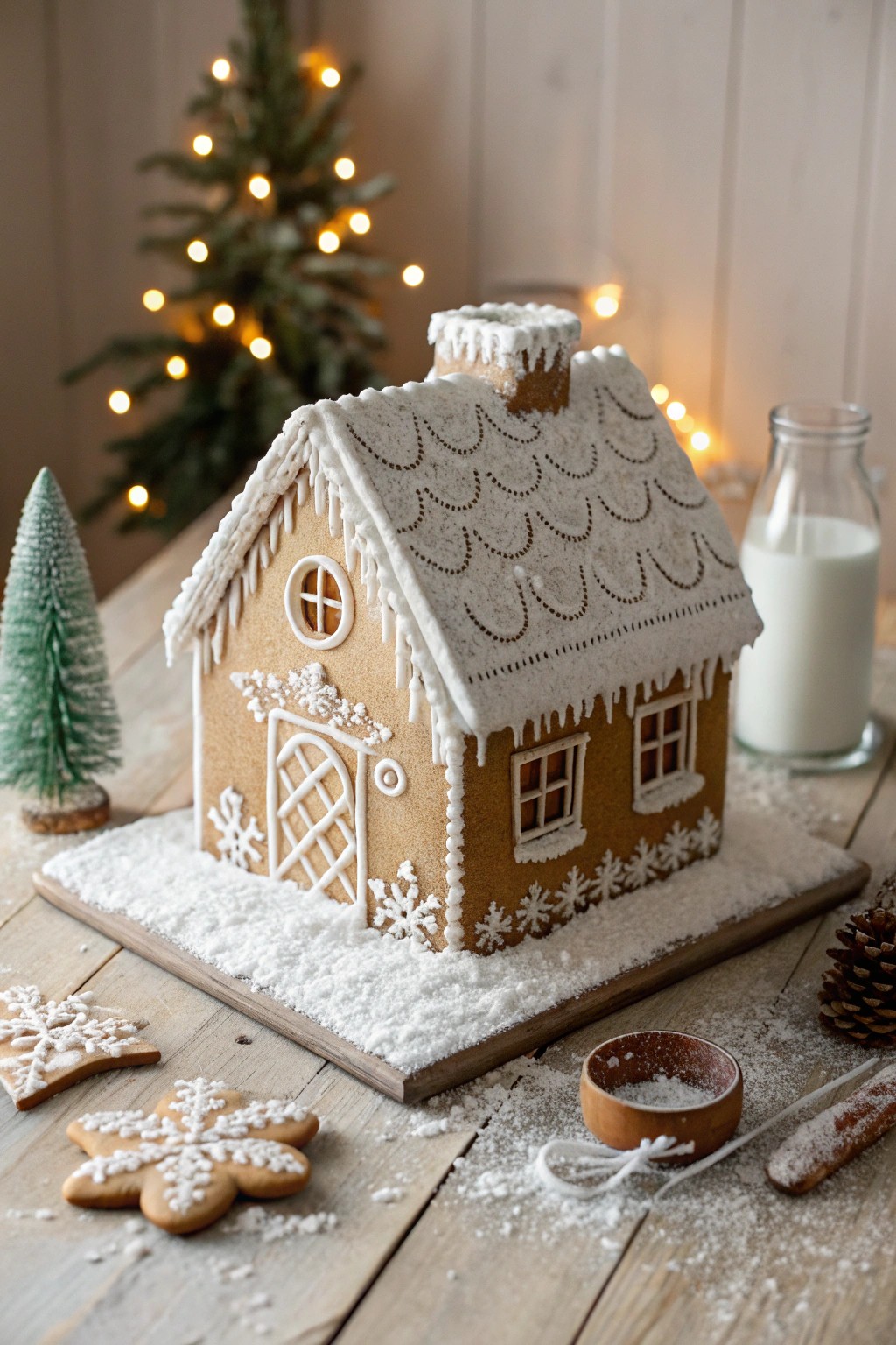 Scandi-inspired gingerbread chalet—dreamy, simple, and dusted in winter magic.