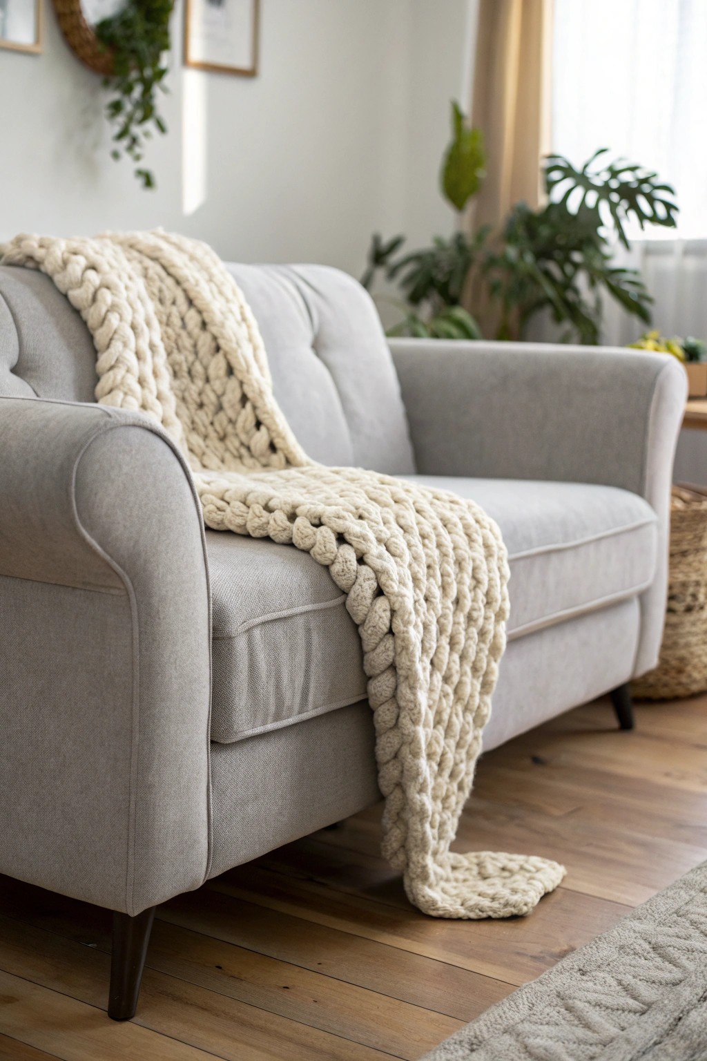 Elevate your grey couch with a textured throw—effortless style meets cozy comfort.