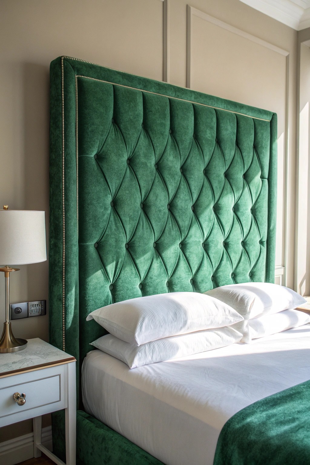 Velvet dreams: An emerald tufted headboard brings tactile luxury and serene style to your bedroom.
