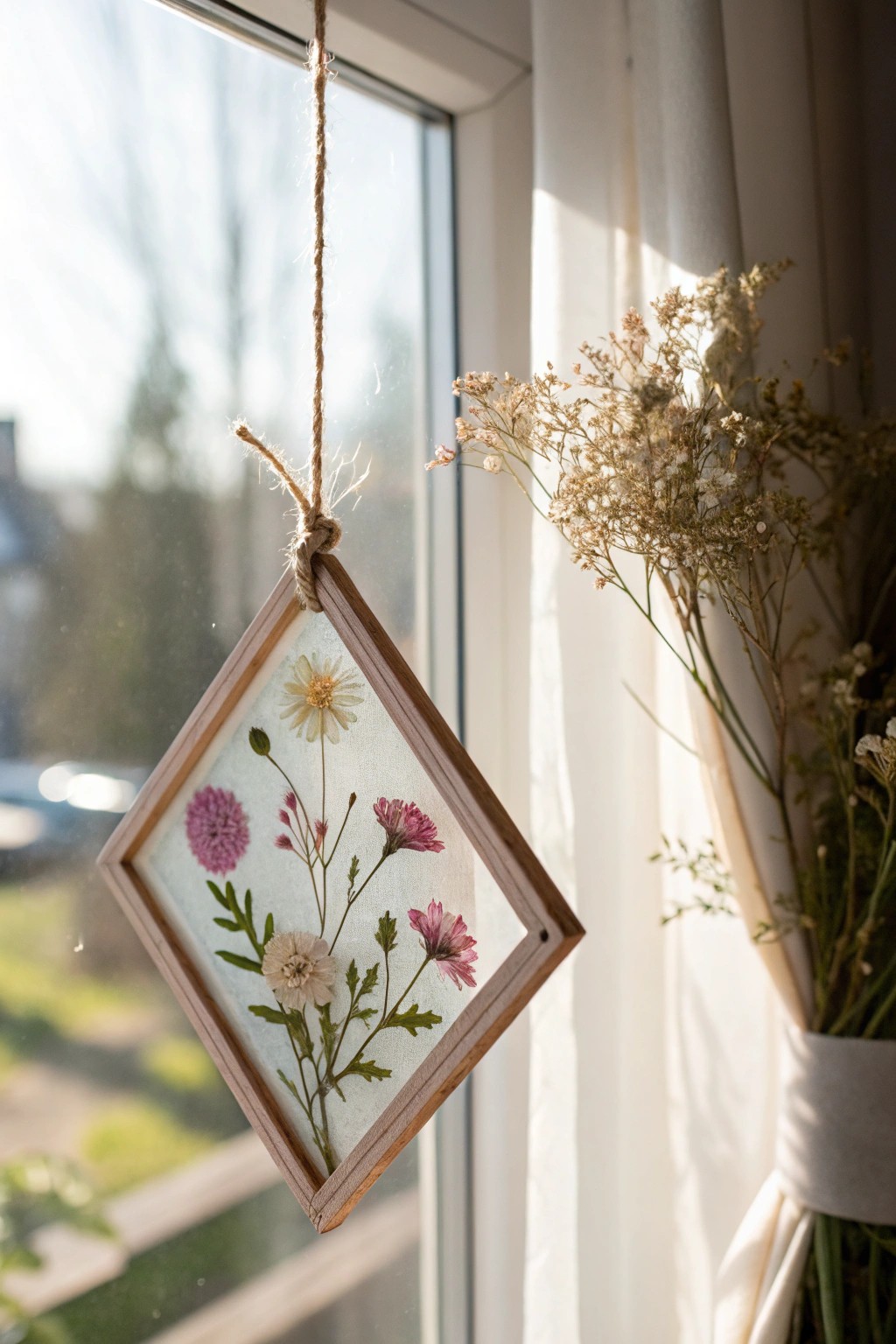 Delicate pressed flower suncatcher—bring a touch of sunshine and nature into Mom’s day.