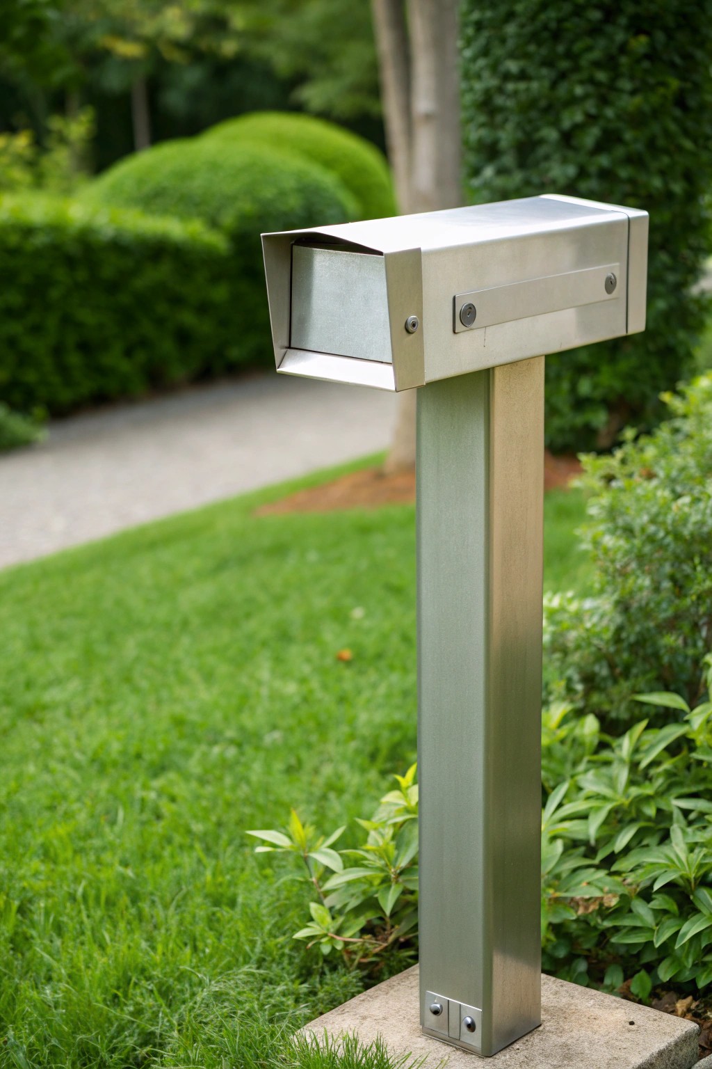 Sleek brushed steel meets natural beauty—a modern mailbox post with timeless appeal.