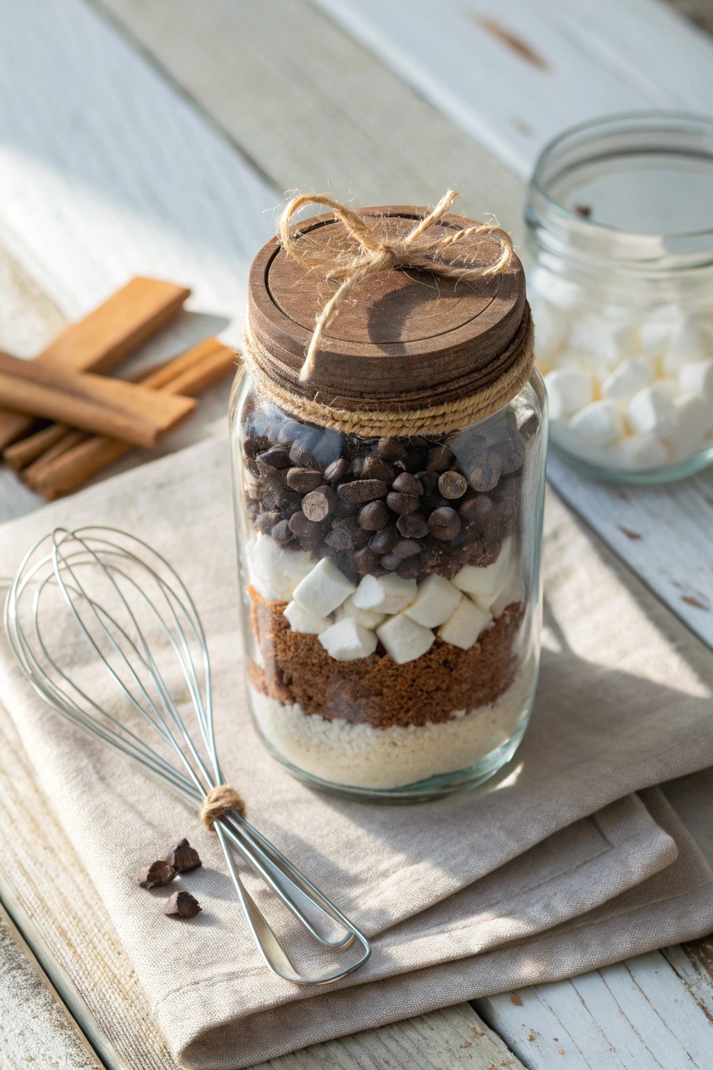 Cozy layers of homemade hot cocoa mix—gifted with love in a mason jar.
