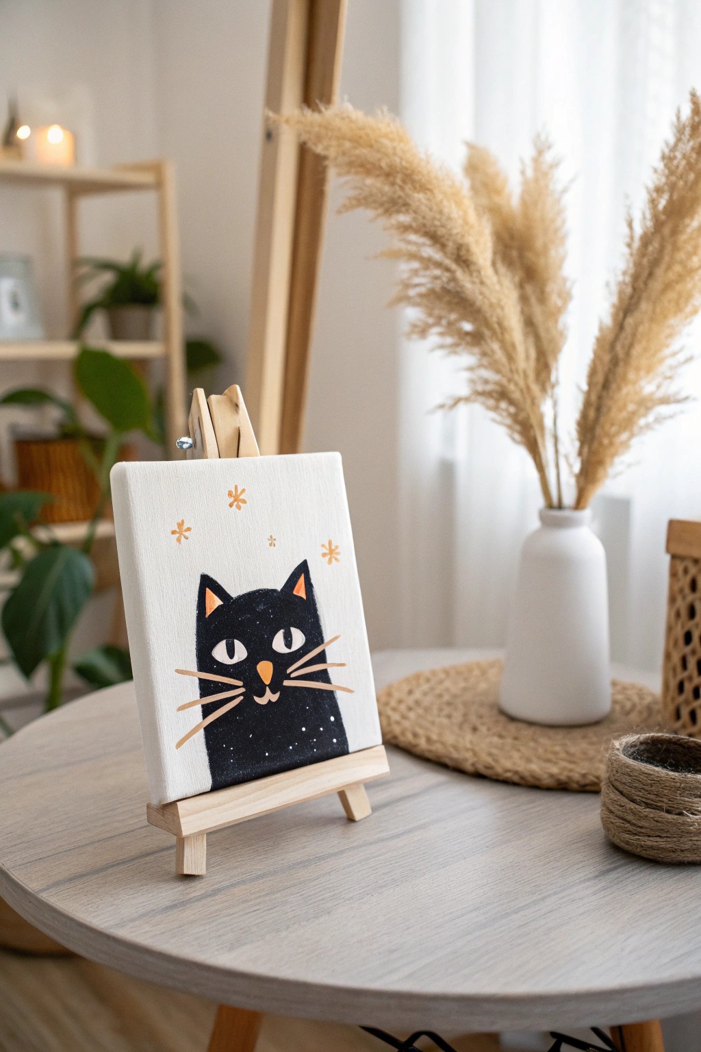Add playful charm to your space with a bold, minimalist cat portrait on a mini canvas.