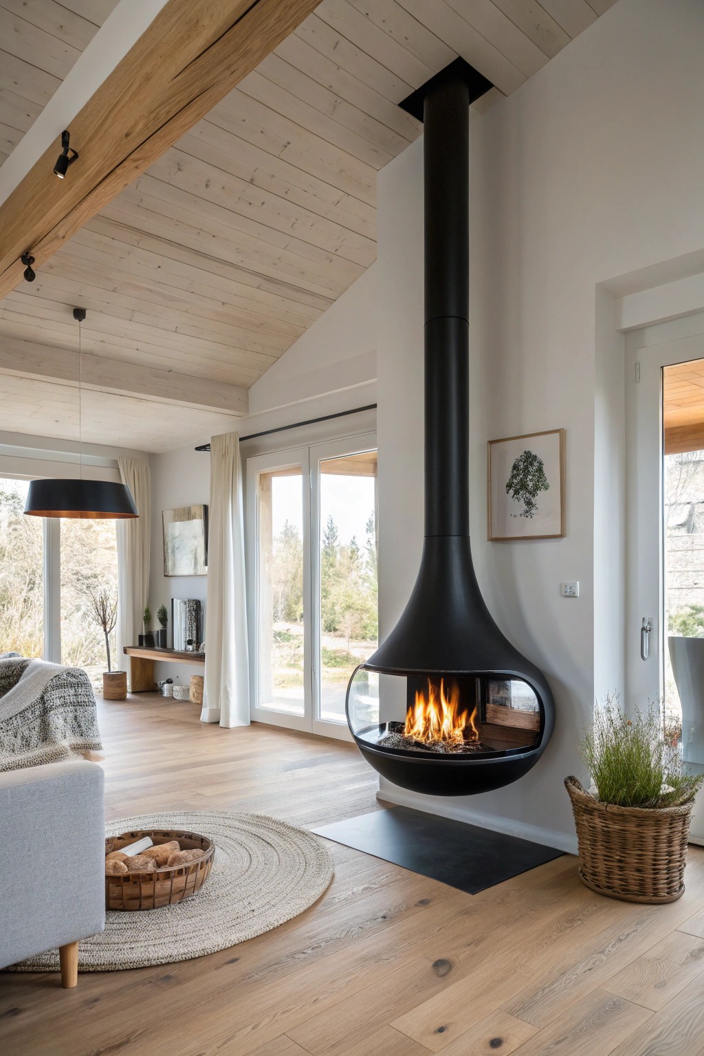 Elevate your space with the sculptural beauty of a suspended fireplace.