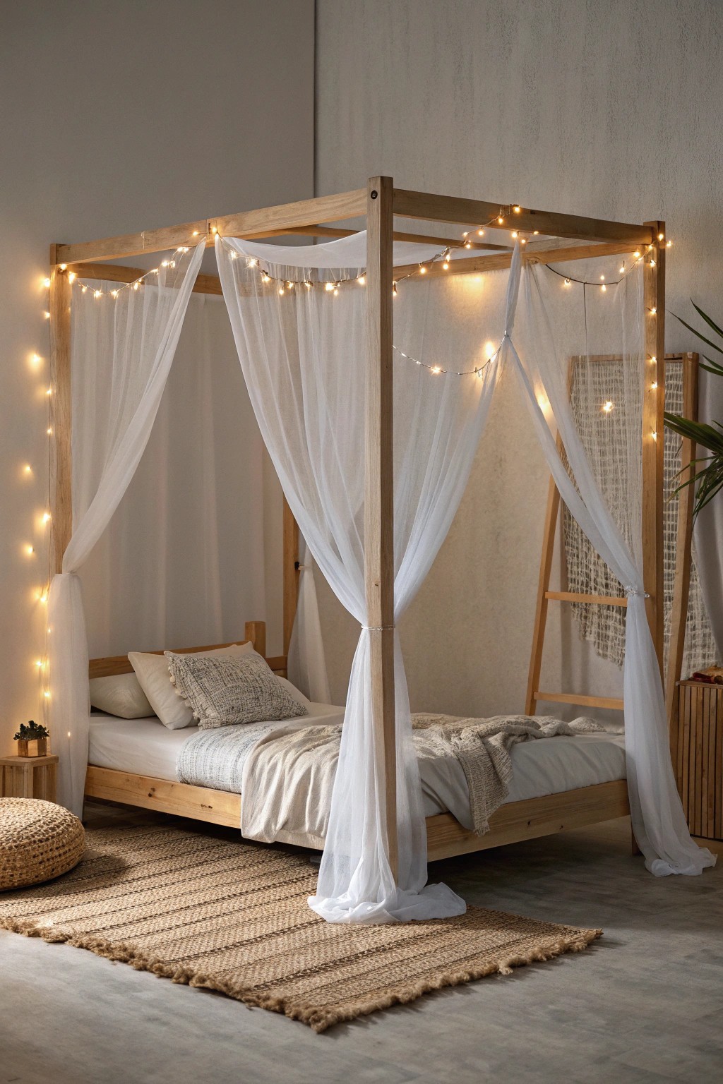 Dreamy simplicity: a canopy bed with sheer drapes and fairy lights for the perfect teen retreat.