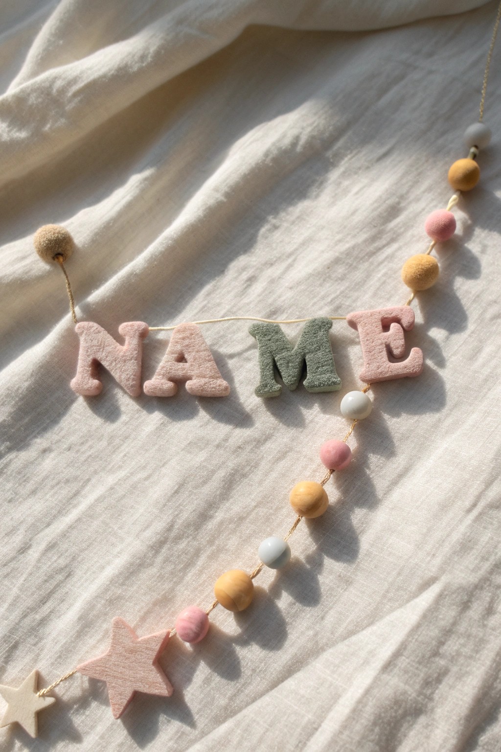 Personalized needle felted name garland – a handmade touch of warmth and style.