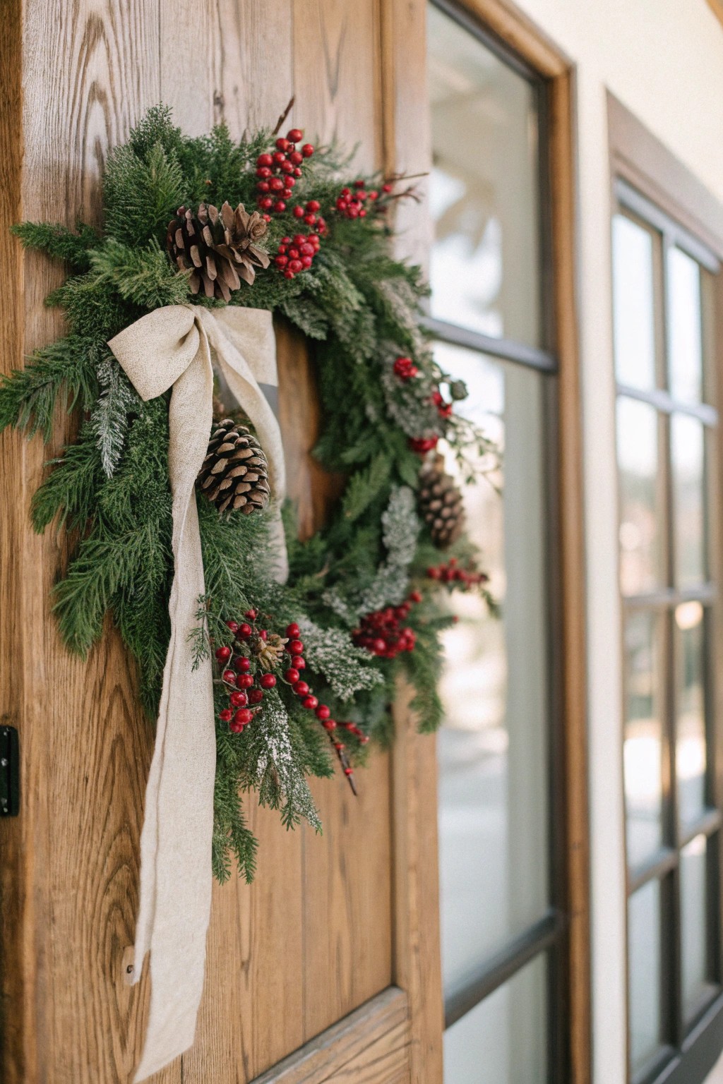 Simple elegance: a handcrafted evergreen garland brings natural beauty to your holiday entrance.