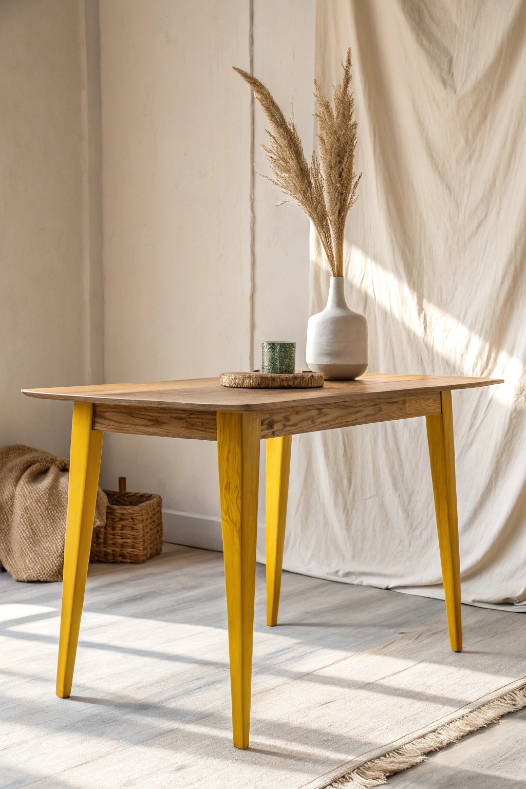 Chic contrast: natural wood meets bold mustard yellow in this two-tone tabletop.