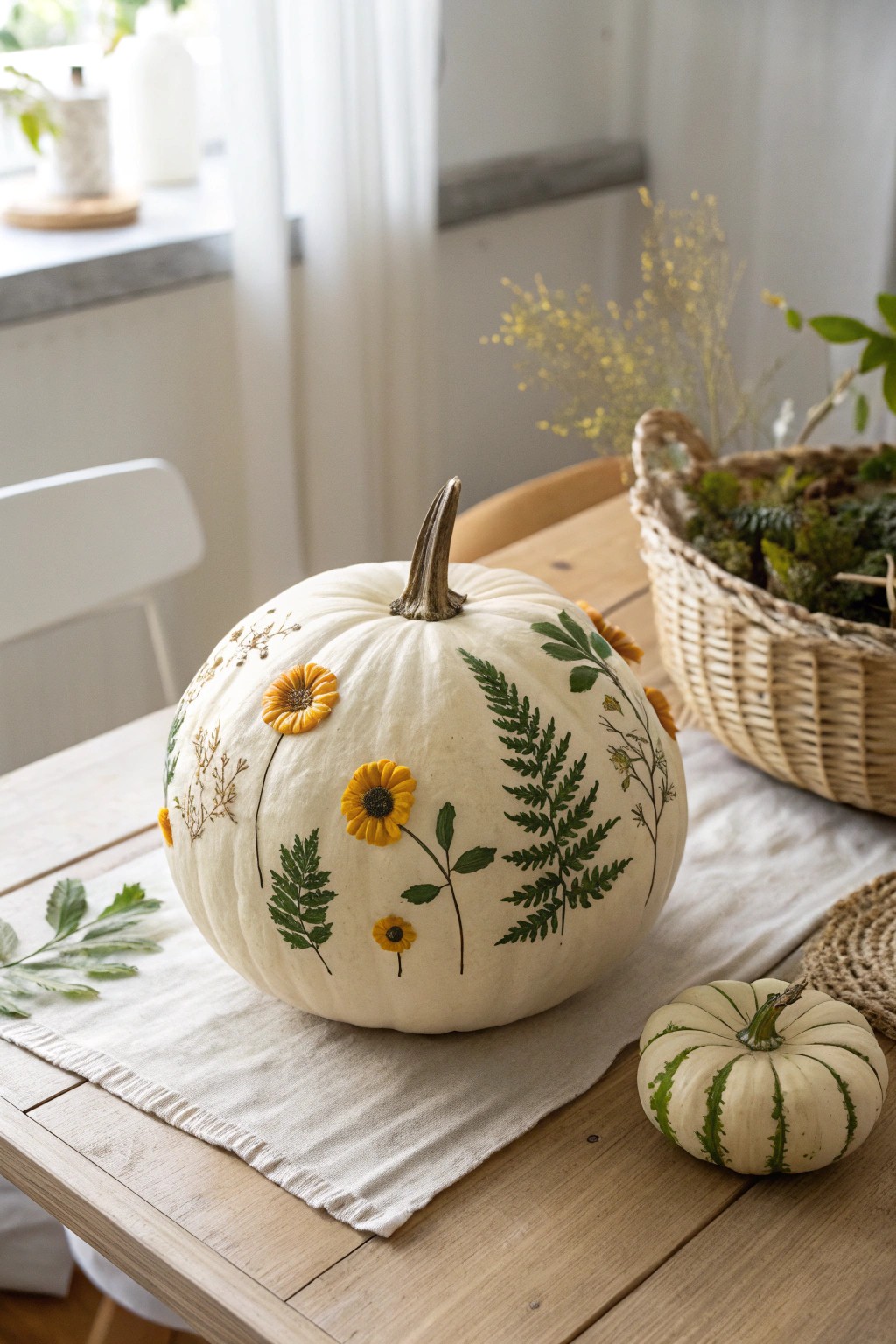 Pressed blooms meet minimalist charm—create a folk-art inspired pumpkin masterpiece.