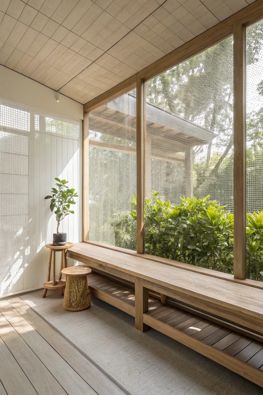A minimalist screened porch retreat: simple furnishings, pure relaxation.