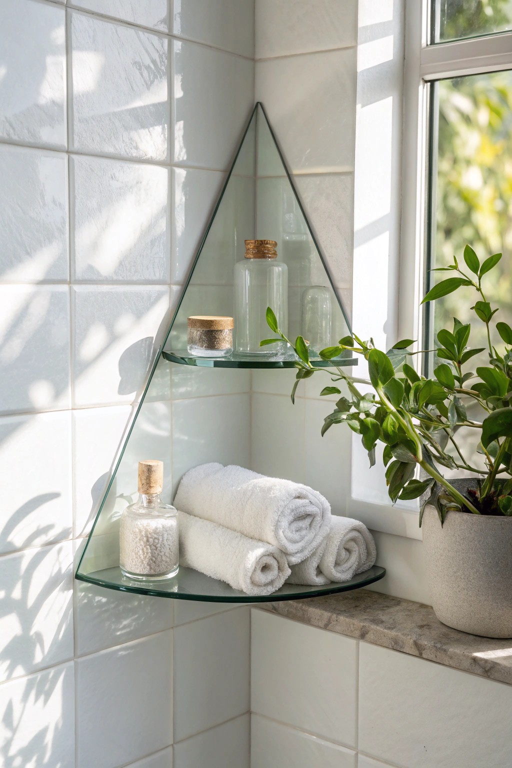 Transform awkward nooks with a simple glass corner shelf—where storage meets serene style.
