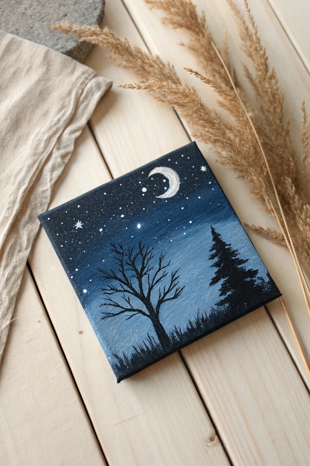 Dream under a hand-painted starry night—Scandi minimalism meets cozy boho flair.