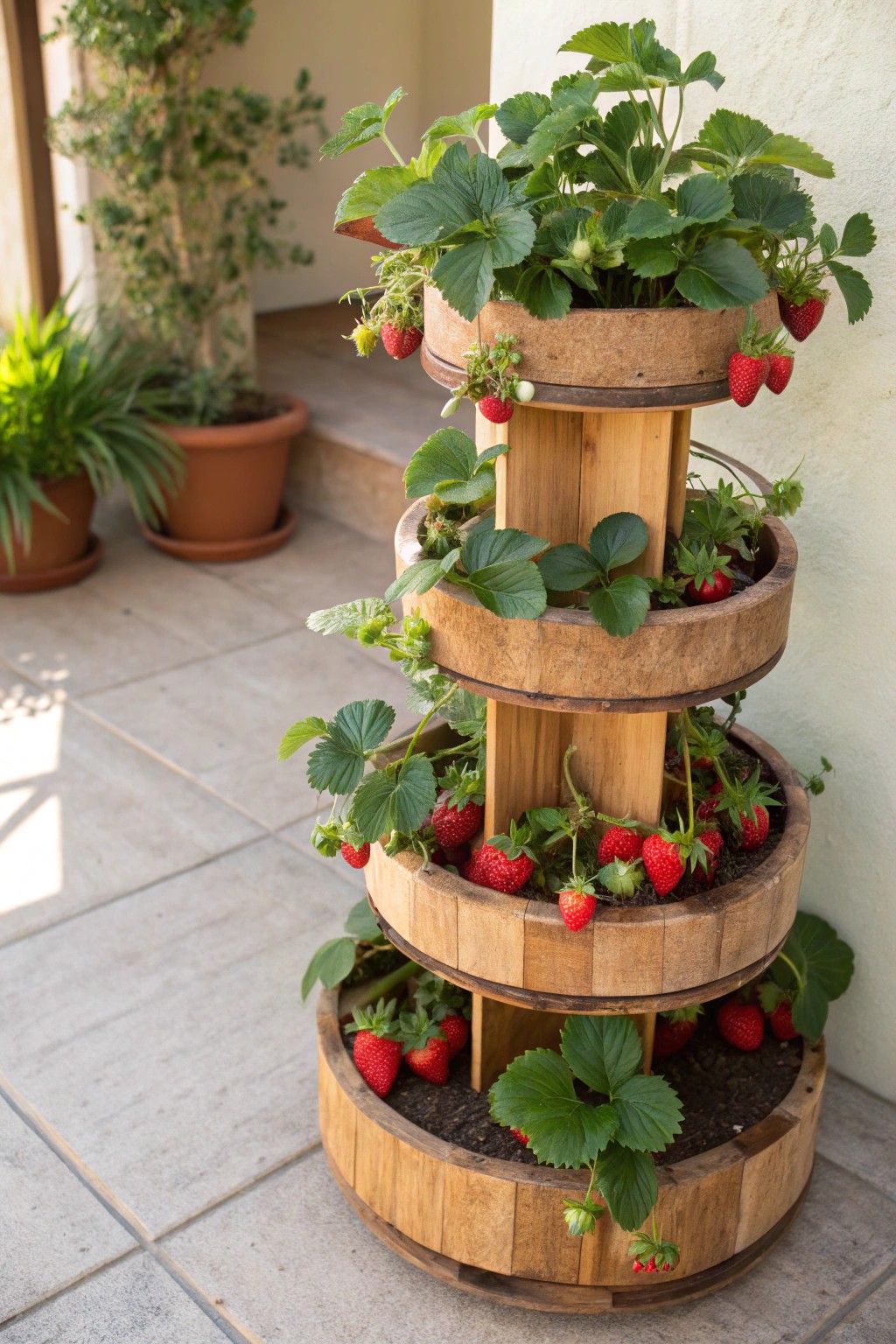 Elevate your patio with a stunning wooden strawberry tower—where simplicity meets homegrown beauty.