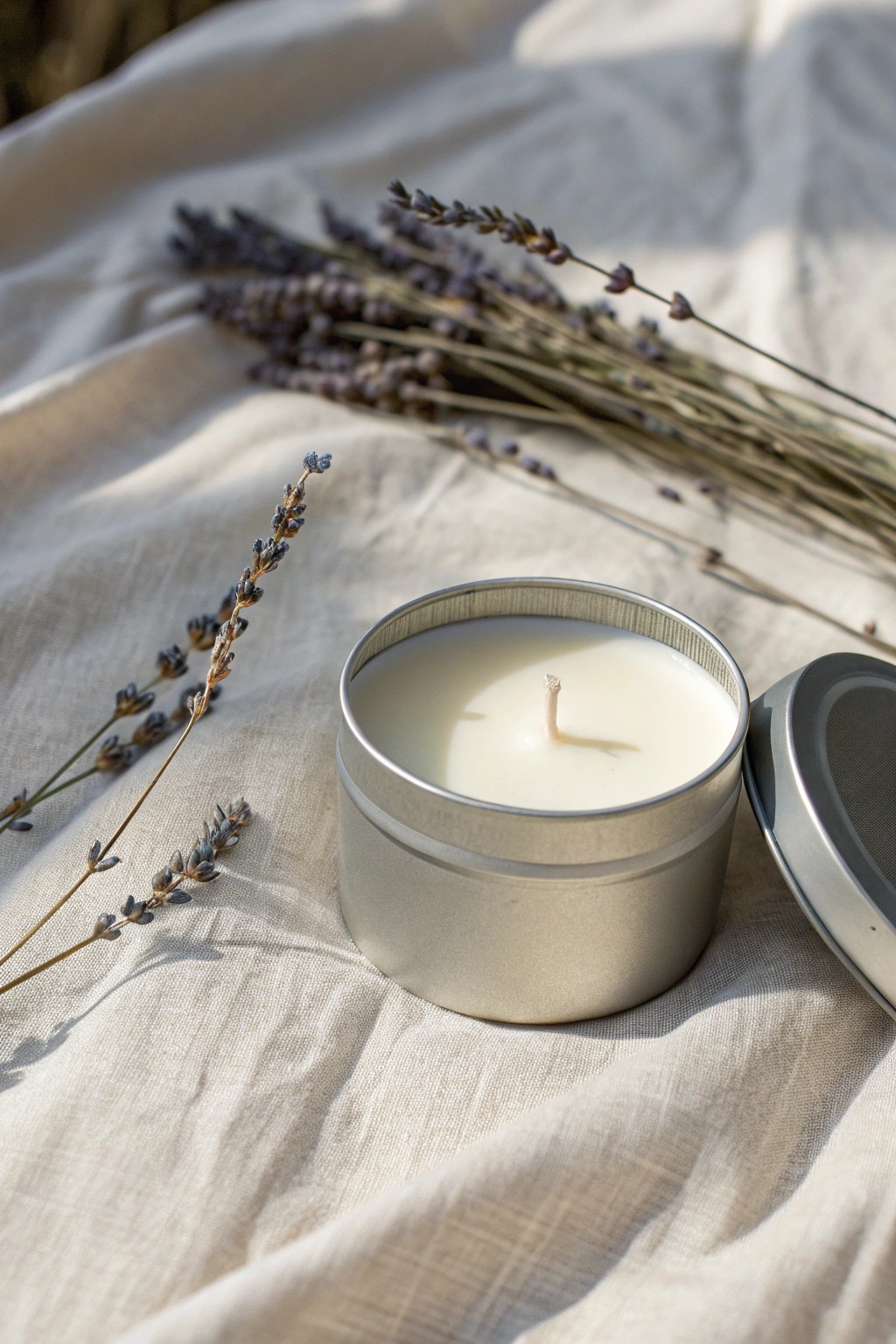 Hand-poured candle in a tin—simple, beautiful, and perfect for heartfelt wedding favors.