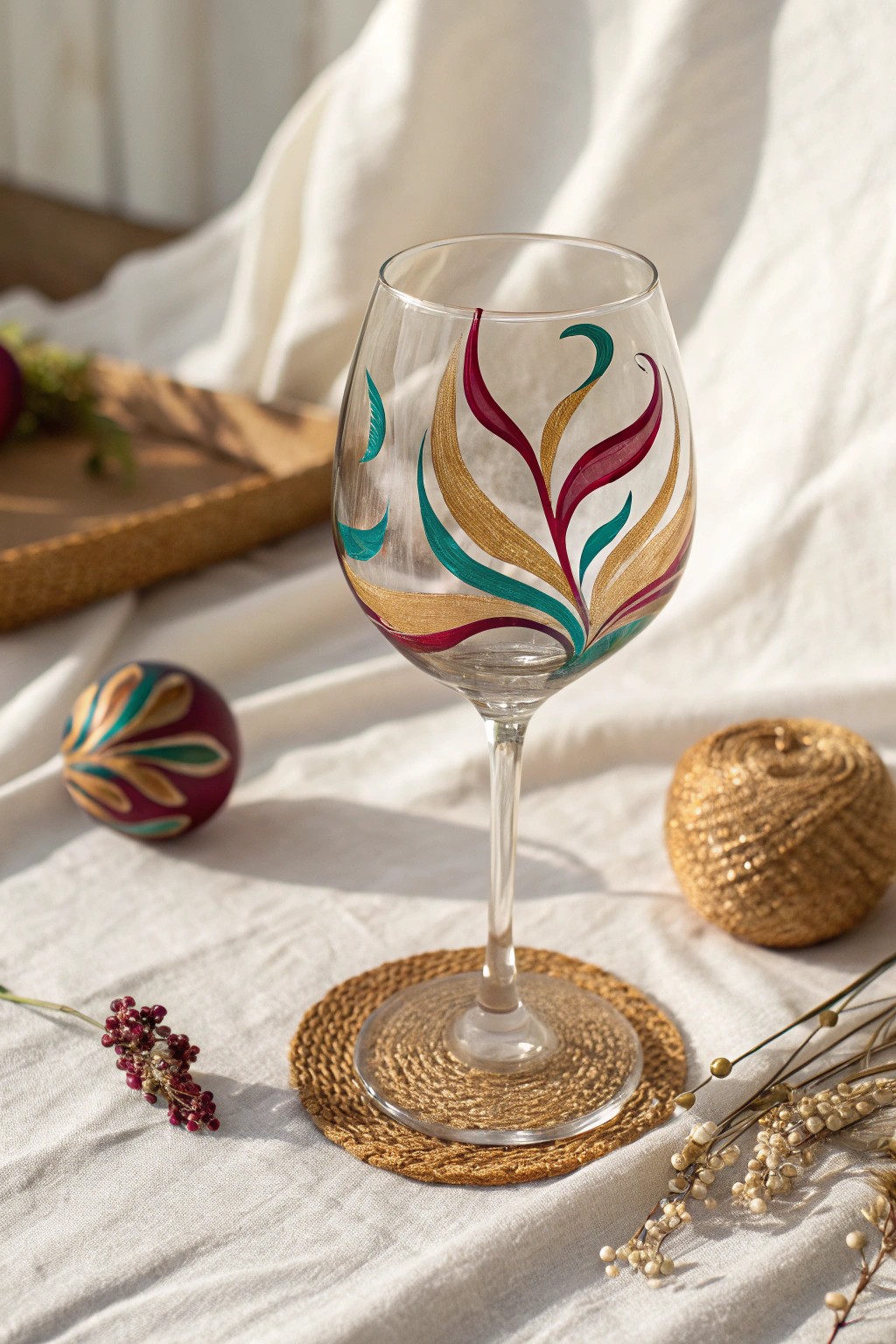 Bold color swirls transform a simple wine glass into a modern, handcrafted masterpiece.