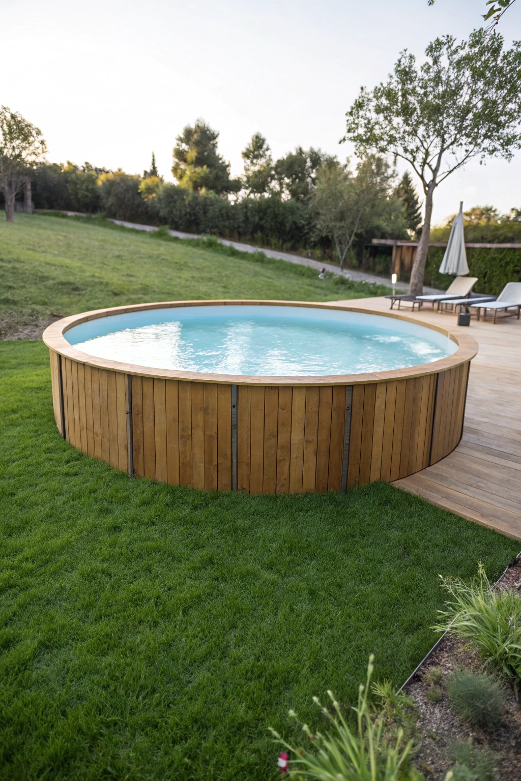 Effortless elegance: A minimalist above ground pool on fresh green grass.