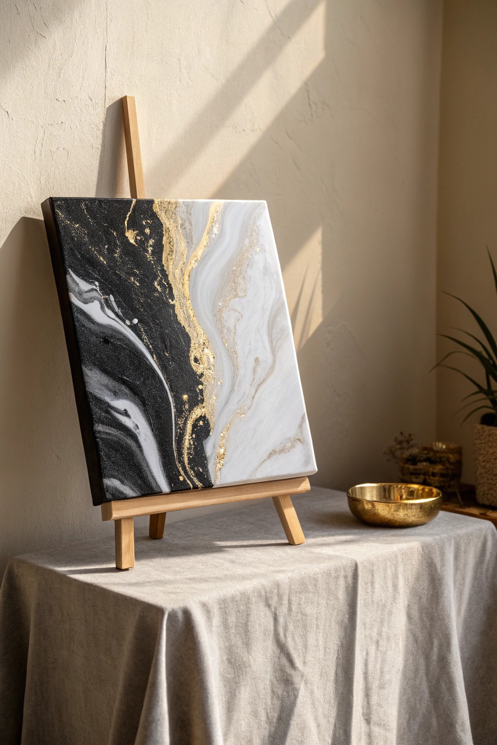 Minimalist chic: Black & white split pour with a touch of gold for modern boho vibes.