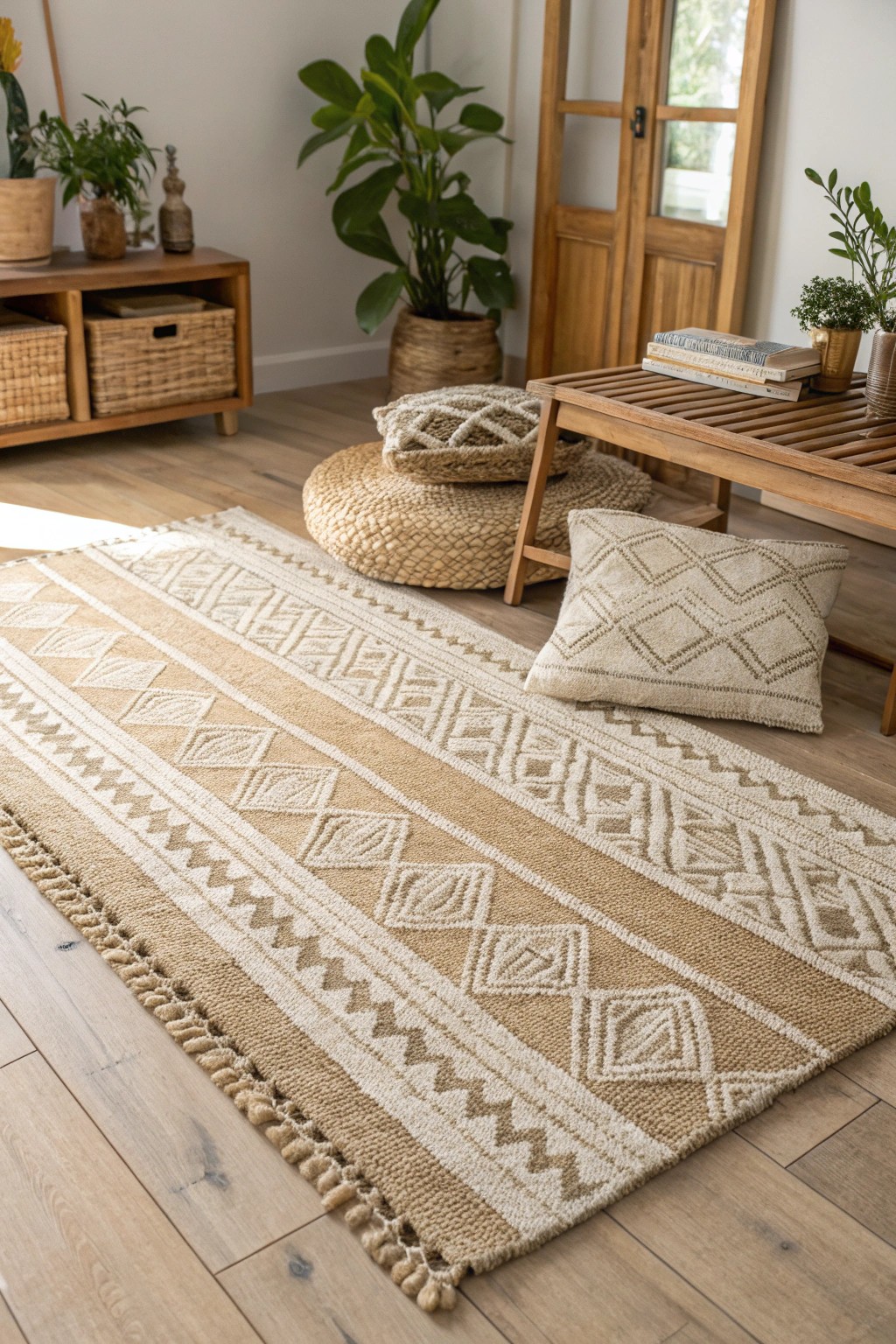 Layering rugs: simple artistry for small living rooms.