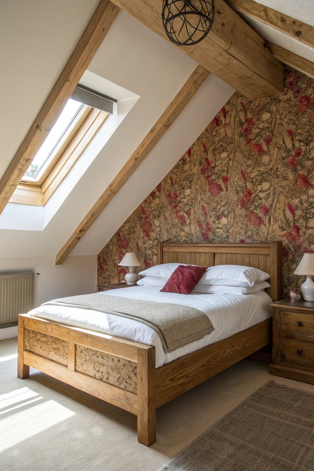 Transform your attic: Embrace bold, patterned wallpapered ceilings for a cozy, artful retreat.
