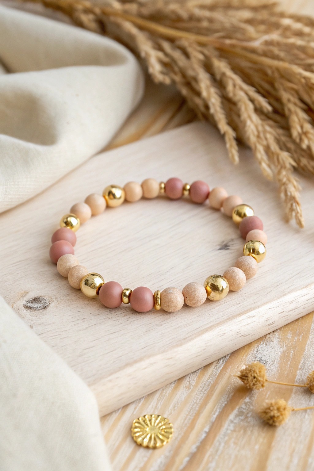 Minimalist glam: Clay beads with golden accents for effortless elegance.