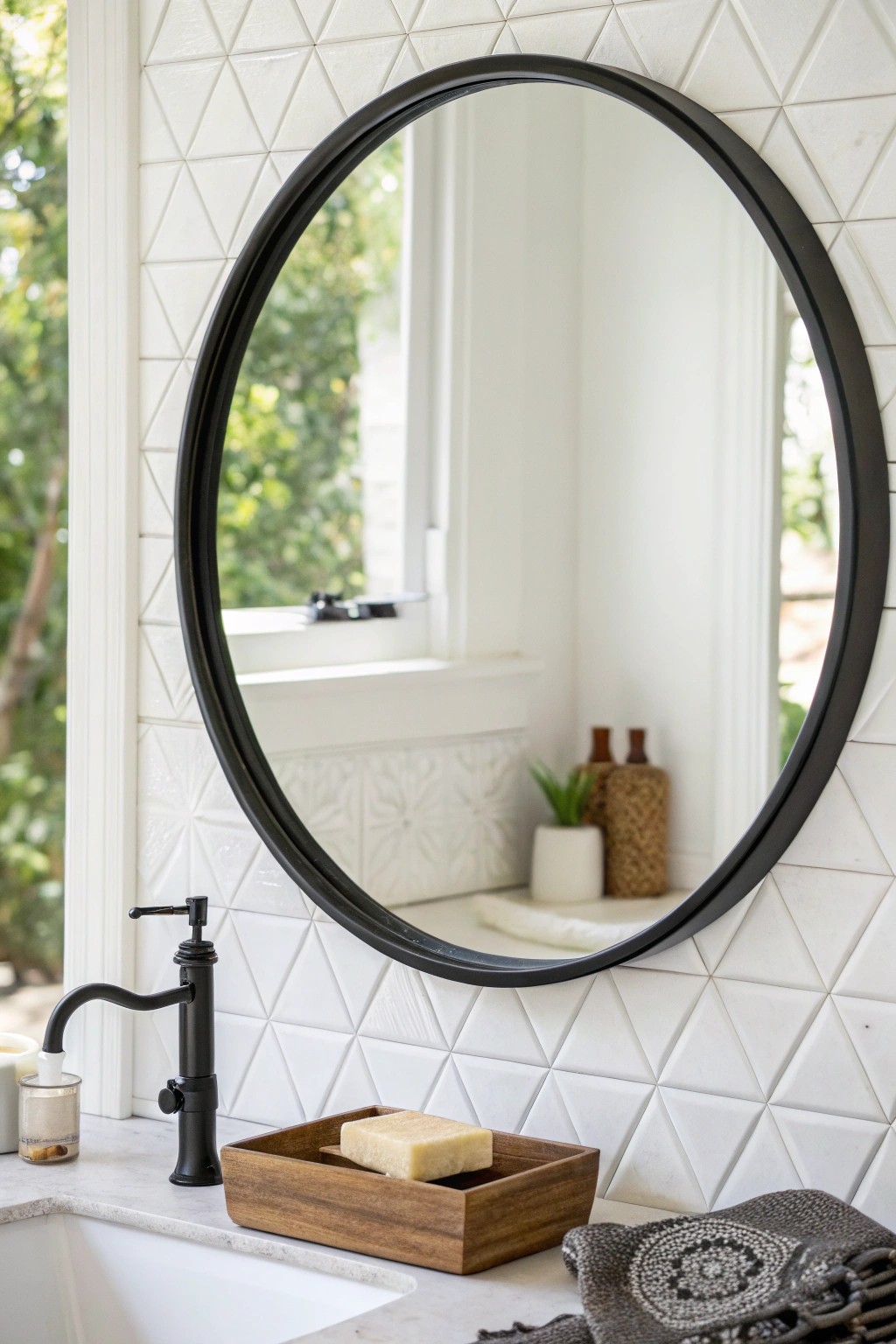 Elevate your bathroom with a bold black-framed mirror—where simplicity meets stunning craftsmanship.