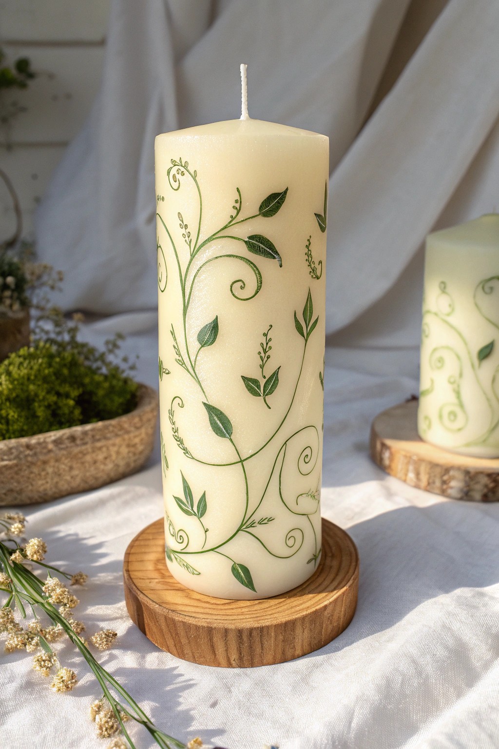 Bring the outdoors in with painted vine & leaf candles—Scandi simplicity meets earthy elegance.