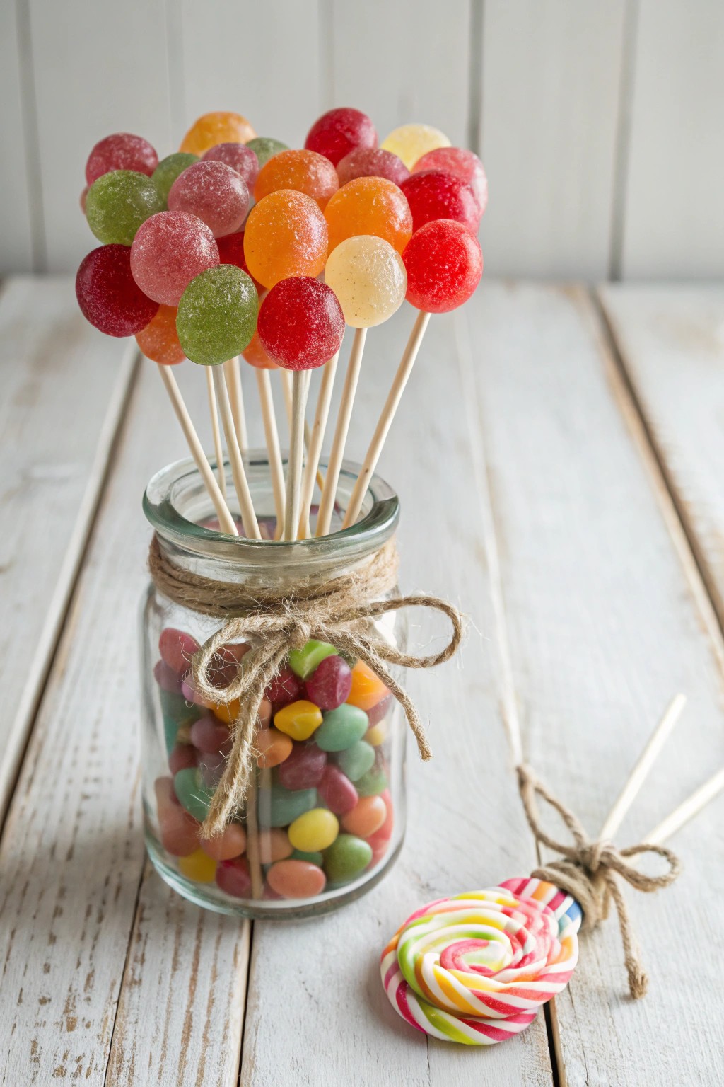 Sweet stems: a candy bouquet in a mason jar, blending rustic charm with bold colors.