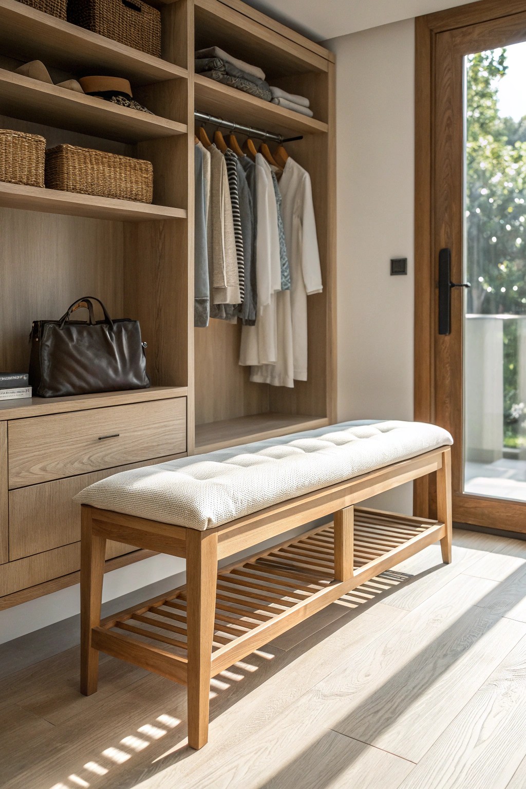 A serene seating nook transforms your closet into a personal boutique.