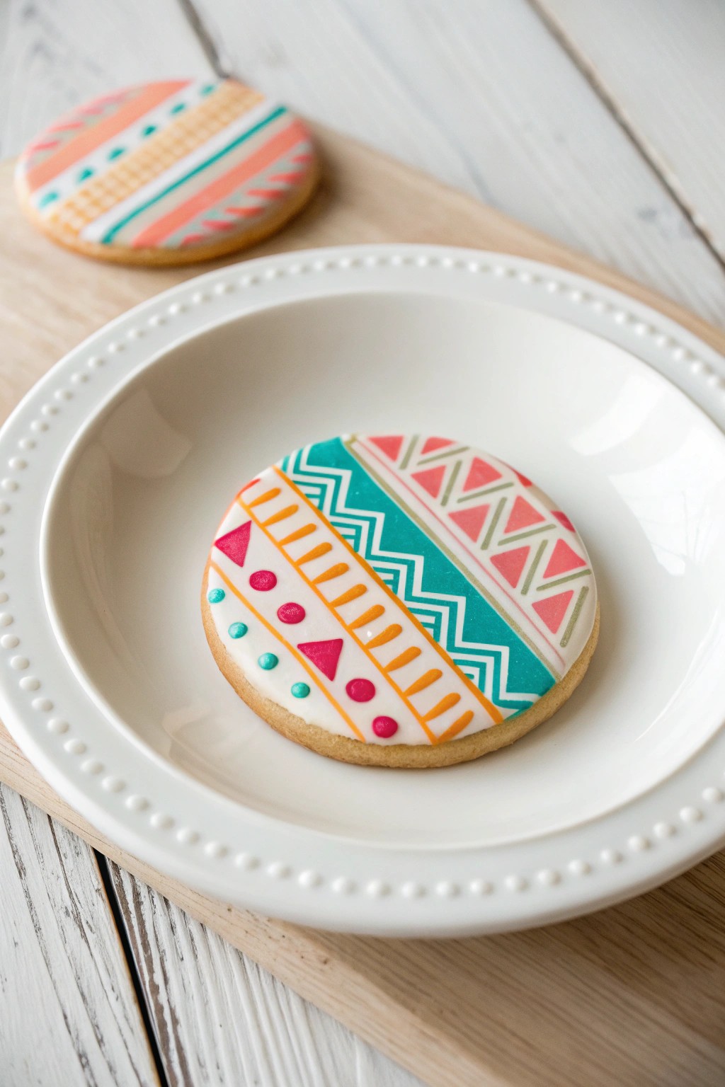 Scandi-boho cookie: Modern geometric icing in bold colors, handcrafted to perfection.