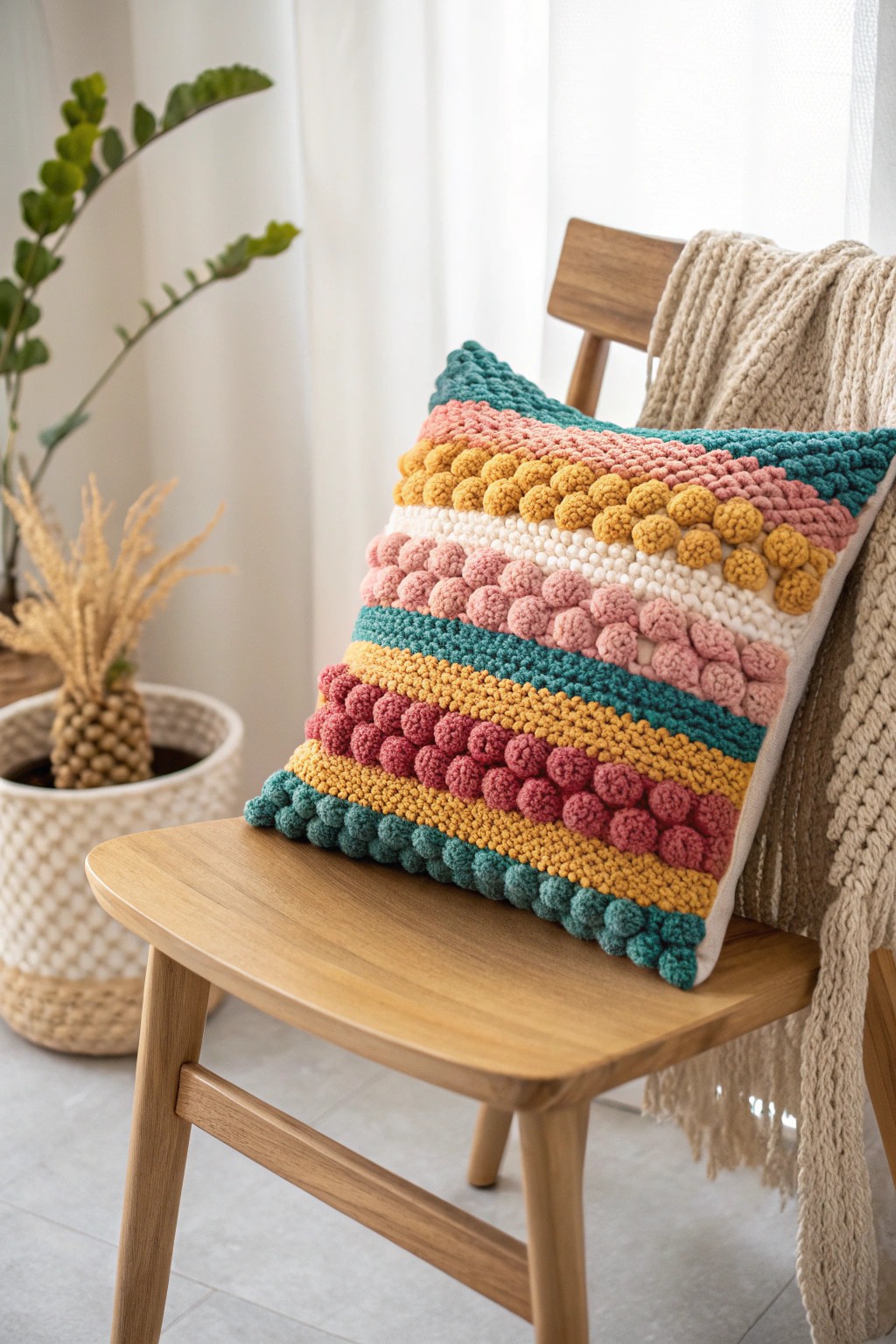 Brighten your space with a bold, textured crochet cushion cover—where craft meets color and cozy simplicity.
