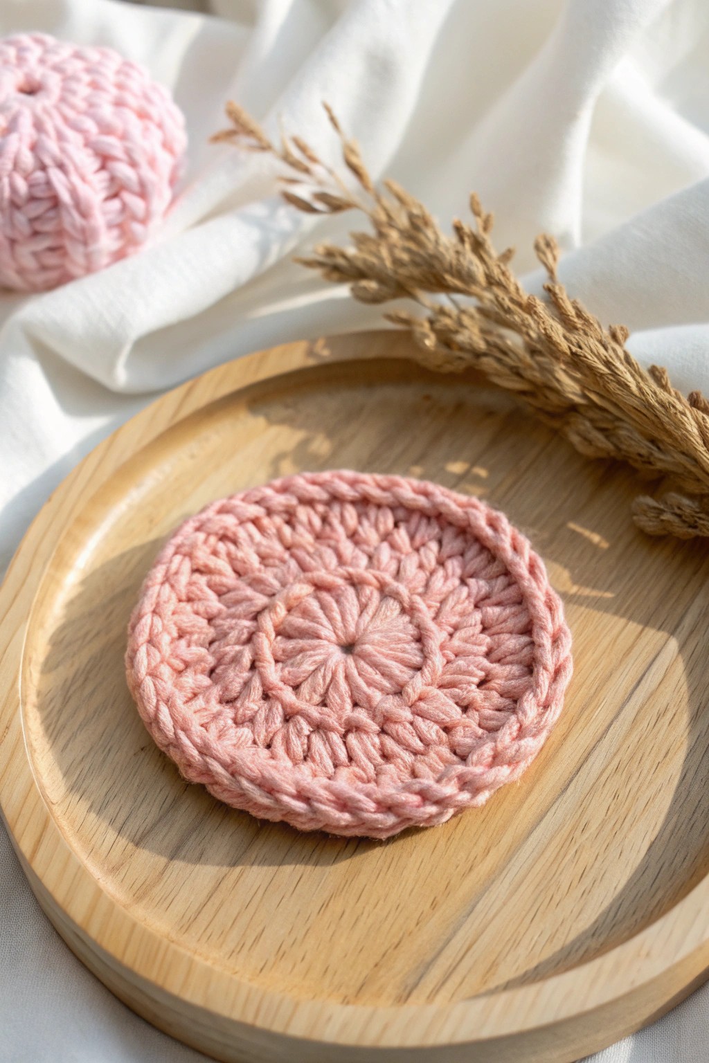 Handcrafted crochet face scrubbie: sustainable beauty in Scandinavian style.