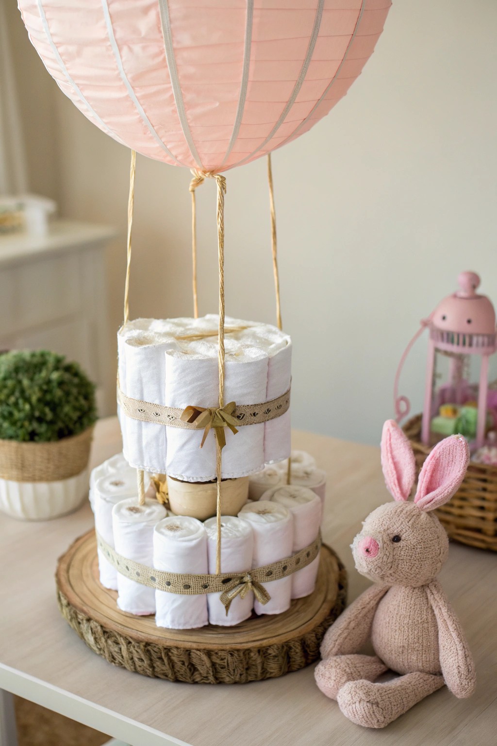 Whimsical hot air balloon diaper cake: Scandinavian charm with a boho twist.